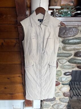 Le Château Y2K Safari Utility Zip Midi Dress Beige Made in Canada P/S